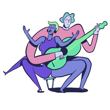 Illustration of a Duo of musicians performing and playing guitar while singing