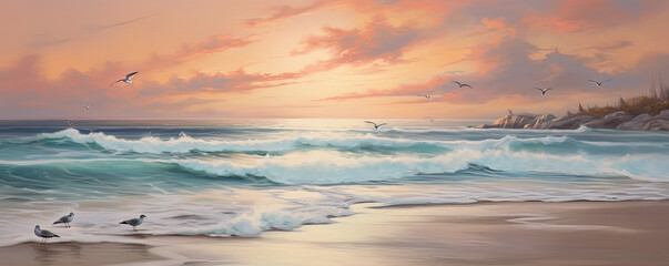 panoramic view of a serene beach at dawn, with soft pastel hues painting the sky, gentle waves caressing the shore, and seagulls gliding gracefully in the tranquil atmosphere