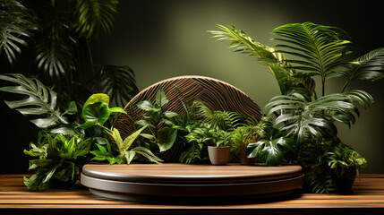 Stylish blank wooden podium for product presentation surrounded by leaves
