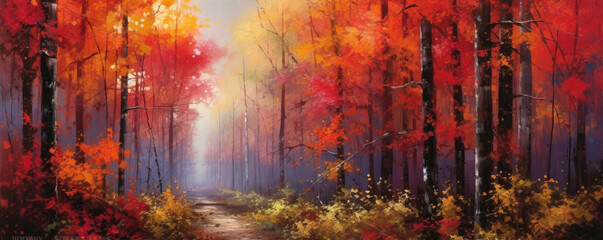 panoramic view of a vibrant autumn forest, with trees adorned in a stunning display of red, orange, and gold leaves, creating a captivating scene of nature's beauty panorama