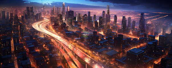 Fototapeta premium panoramic cityscape view of a bustling metropolis at night, with skyscrapers reaching towards the stars, illuminated by the vibrant lights of the city