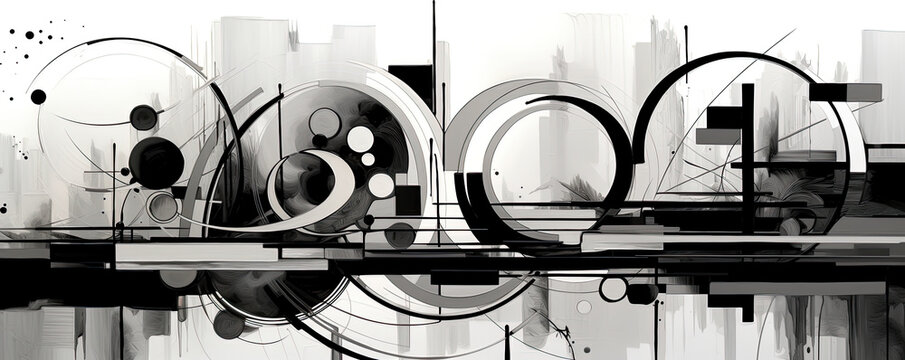 symphony of abstract lines and shapes on a monochromatic background, showcasing the interplay between simplicity and complexity panorama