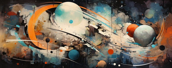 symphony of abstract shapes and textures on a cosmic background, portraying the interconnectedness of the universe and its infinite possibilities panorama