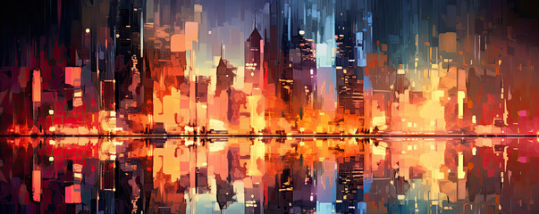 abstract background resembling a vibrant cityscape at twilight, with glowing lights and reflections, capturing the urban energy and allure panorama