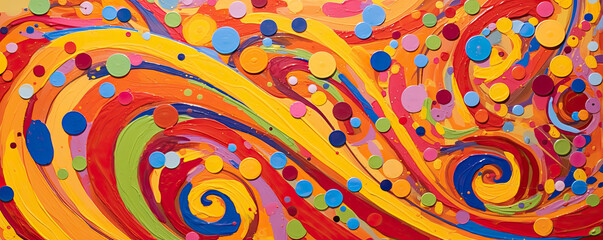 whimsical abstract background with playful swirls and loops in vibrant primary colors, evoking a sense of joy and childlike wonder panorama