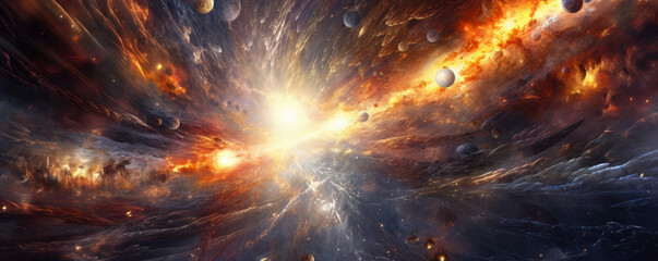 celestial collision on an abstract background, with cosmic debris and radiant bursts of light, portraying the grandeur of the universe panorama - obrazy, fototapety, plakaty