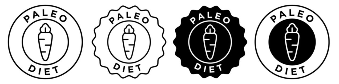 Paleo Diet icon for healthy natural lifestyle. Vector sign symbol collection of organic food plan for fat body. Circular round badge stamp emblem of ketosis meal with protein supplements set label web
