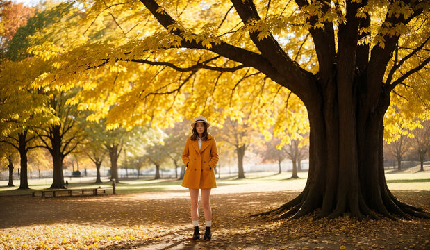 A girl walks in the park in autumn on a sunny day. Generative AI