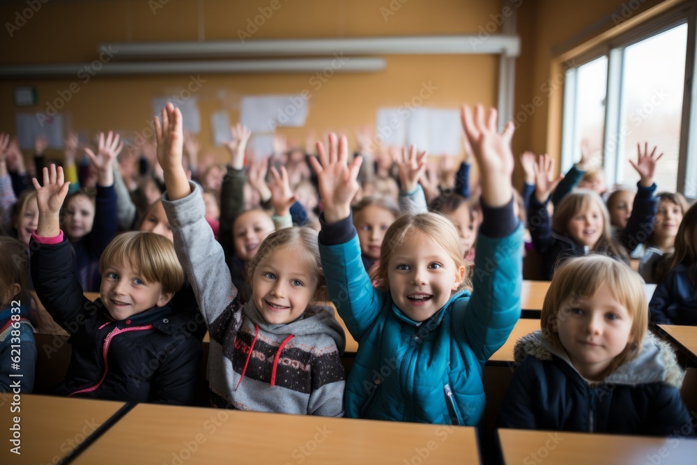 Wall mural Children raise their hands to answer in the classroom. Back To School concept. Backdrop with selective focus