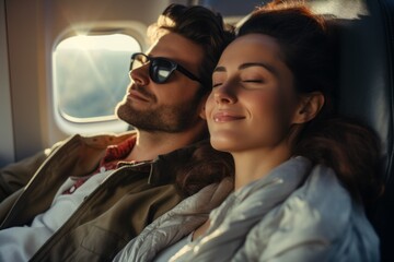 A woman on a plane with her man. Background with selective focus and copy space