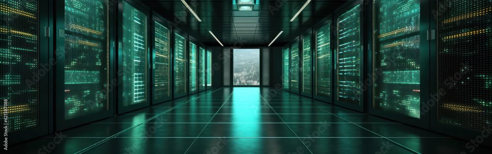 Poster Server room data center interior. Data storage and cloud computing concept. 3D rendering generative ai