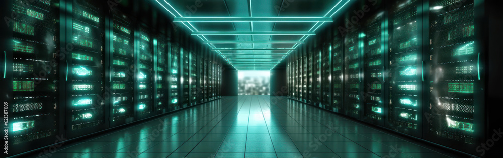 Poster server room data center hallway. datacenter hardware cluster. 3d rendering generative ai