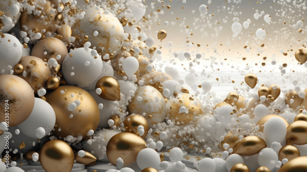 Poster 3d rendering of abstract background with golden and white balloons in motion generative ai