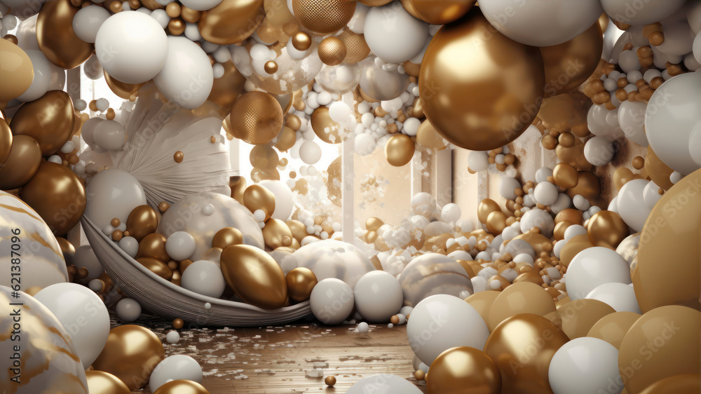 Poster golden and white balloons in a room with a large window generative ai