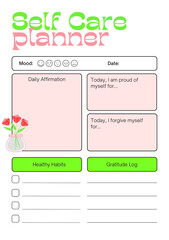 Self care planner digital planning insert sheet printable page template