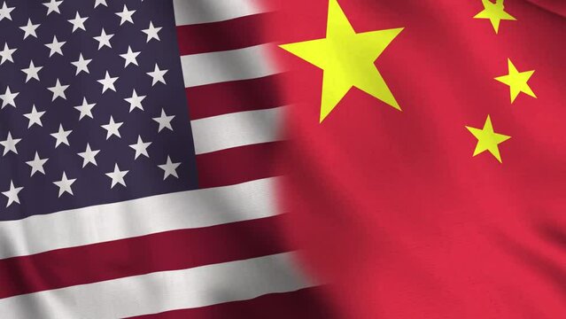 Diagonal waving flag of USA and China. Conflict, friendship and relations, trade, economy and economic cooperation between nations concepts. 4K Motion Graphics video