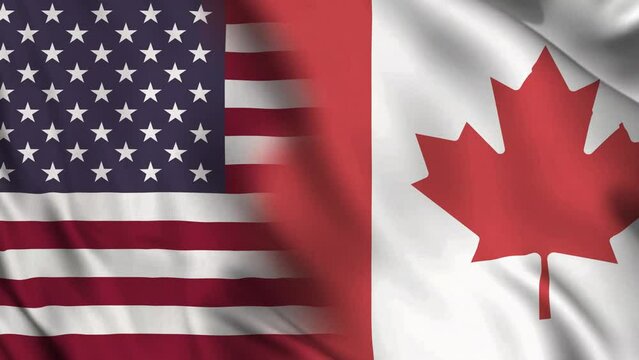 Horizontal waving flag of USA and Canada. North America, friendship and relations, border, trade, economy and economic cooperation between nations concepts. 4K Motion Graphics video