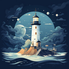 Lighthouse In Stormy Landscape at night. AI generated content