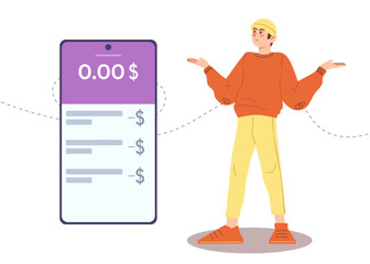 Young man with empty bank account. Mobile banking. App for bank. Finance problems. Vector illustration in cartoon style.