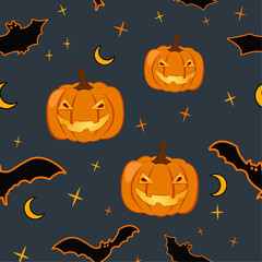 Seamless pattern with festive Halloween pumpkins, bats, moon, stars. Jack orange lantern drawn with carved faces. Seamless pattern for scrapbooks, wrapping paper, fabric. Vector illustrated doodle.