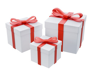 3d illustration. White gift boxes with red bows isolated