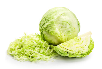 Green cabbage isolated on a white background - obrazy, fototapety, plakaty