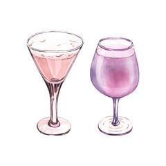Watercolor cocktail lavender and pink cocktail in glass. Hand-drawn illustration isolated on white background. Perfect for recipe lists with drinks, brochures for cafe, bar