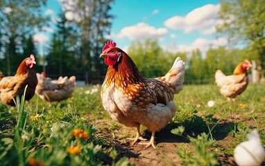 Fototapeta premium Hens feeding outside on the grass yard. Free range organic chickens poultry in a country farm generative ai