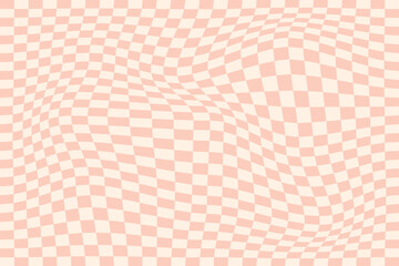 Trippy checkerboard background. pastel pink retro psychedelic checkered wallpaper. Wavy groovy chessboard surface. Distorted and twisted geometric pattern. Abstract vector backdrop
