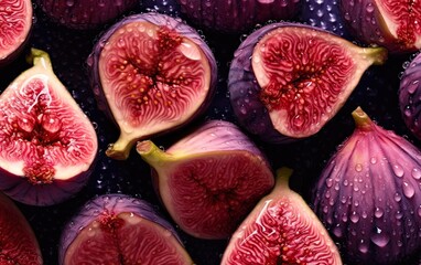 Red purple fig fruits background with drops of water generative ai