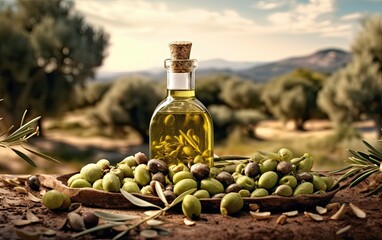 Olives and olive oil in glass bottle on table on blur olive plantation background generative ai