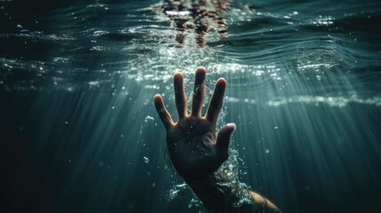 The hand of a drowning man above the surface of the water - obrazy, fototapety, plakaty