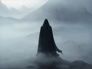 Alone spooky hooded figure in mist. Digital painting illustration created with Generative AI technology. - obrazy, fototapety, plakaty
