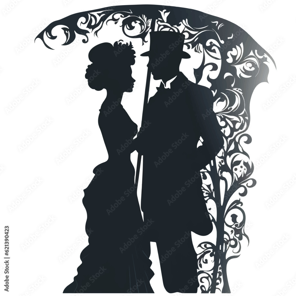 Wall mural woman and man silhouettes with umbrella surrounded by vintage flowers in art nouveau style. love cou - Wall murals