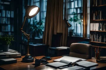 A study table with a study lamp in a study room.