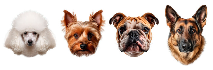Set of heads of three dogs on isolated transparent background. Poodle, Yorkshire Terrier, Bulldog and German Shepherd