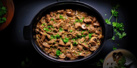 beef stroganoff in slow cooker shot top down, created with Generative AI - 621390656