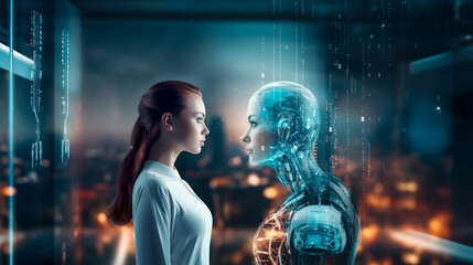 Young woman and female robot couple, LGBT concept. Beautiful futuristic humanoid android woman, romantic relationships. Love. Generative AI