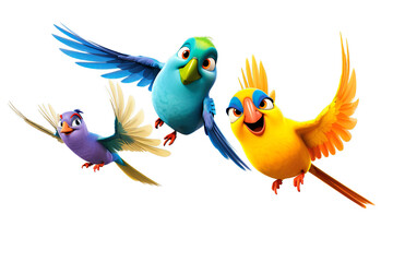 Adorable 3D cartoonish birds flying on isolated transparent background
