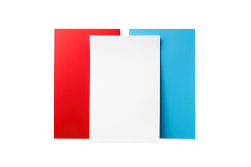 Three A4 colored papers on isolated transparent background