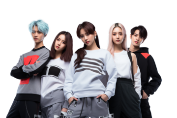 Five young Korean teenagers with K-pop outfit on isolated transparent background