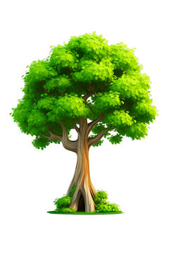 3D cartoon green tree on isolated transparent background