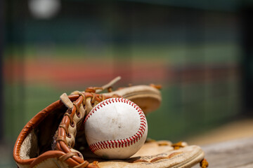 Used Baseball in glove for sports background with copy space