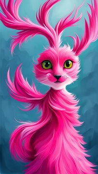 Animal ficticio rosa peludo con cara de gato