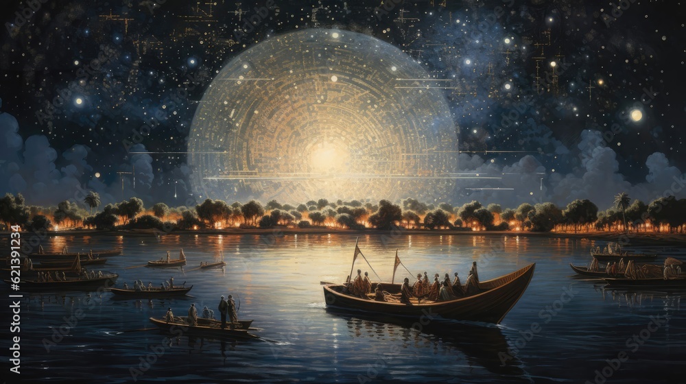 Poster Celestial constellations, meticulously observed by keen-eyed astronomers, guide sailors through the vast expanses of the Nile's reflection. Generative AI