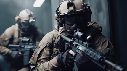 Fototapeta premium Tactical Heroes: An Intense Image Showcasing the Determination and Action of Elite Special Forces in a Hostage Rescue Operation Ai Generative