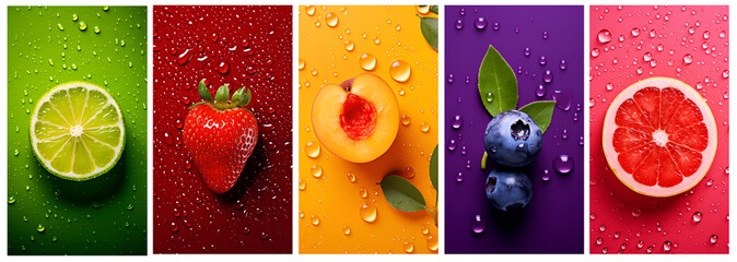 Fruit assortment background. Colorful stripes with fruits, fruit slices and water drops on transparent background, healthy food concept. Fruits on colored backgrounds separed from each other