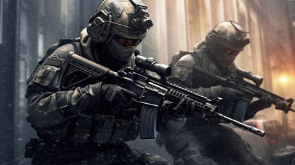 Obraz premium Urban Thunder: Highly Trained Special Forces in High-Stakes Counterterrorism Operation Ai Generative