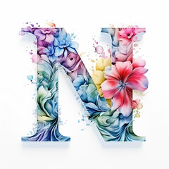 floral alphabet N on white background. Beautiful watercolor flower font concept. Unique collection of letters and numbers
