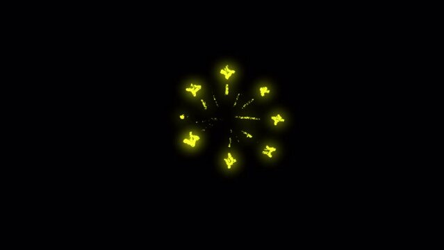 Shooting golden stars on a black screen. Cartoon fireworks with sparks in 4k with alpha channel. Stock holiday effect.